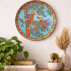 Ritualistic Madhubani Birds Tree Metal Wall Plate 12” Boho Folk Art